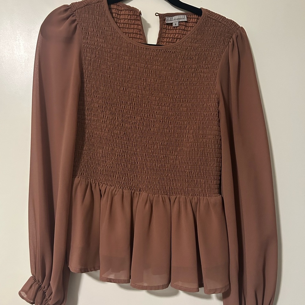 Wishlist Brown and Pink Smocked Peplum Blouse